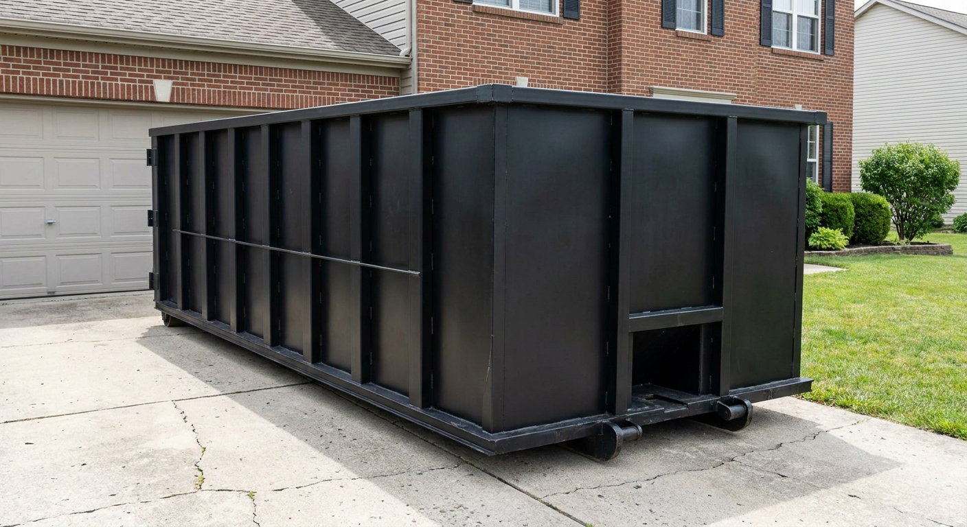 Matte-black 20-yard roll-off container on a Pittsburgh residential concrete driveway with reinforced ribbed steel sidewalls and a hinged rear walk-in door, clean bright daylight.