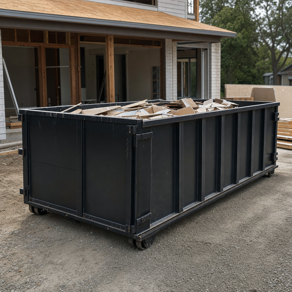 Large matte-black 30-yard construction roll-off dumpster at an active Pittsburgh jobsite, steel-gray top rails and bottom rollers visible, loaded with construction debris.