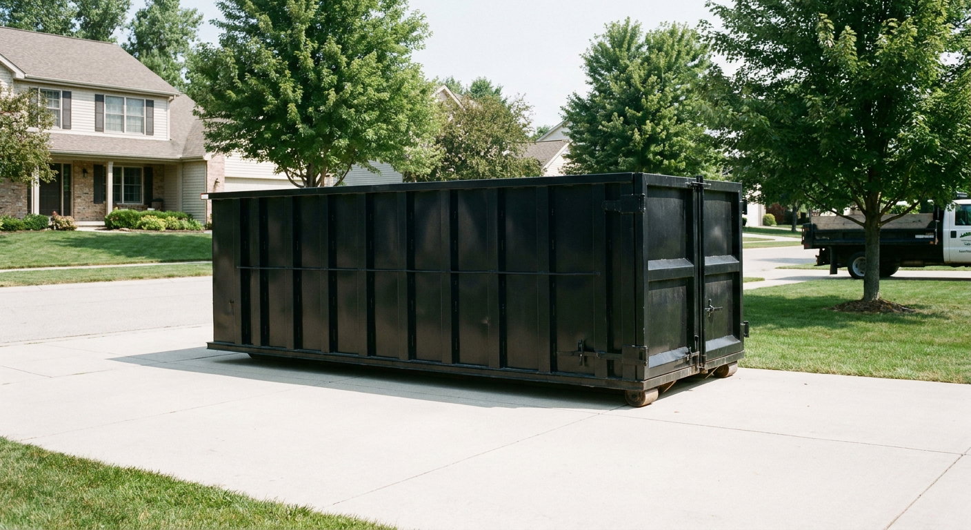 Matte-black 20-yard roll-off dumpster sitting level on a clean Pittsburgh residential concrete driveway under bright daylight, demonstrating clean placement directly on the concrete.