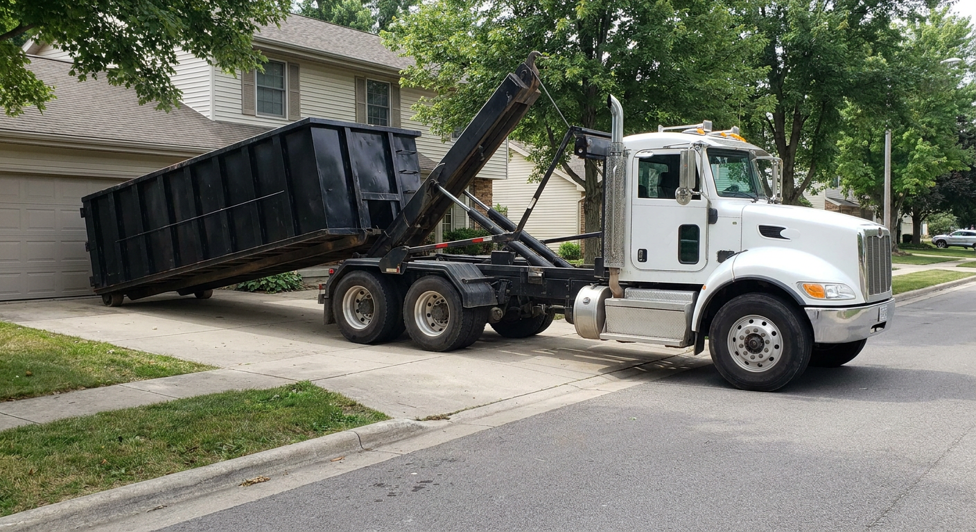 White-cab hooklift roll-off truck actively lowering a matte-black dumpster onto a Pittsburgh residential concrete driveway, the dumpster's rear wheels touching the driveway as the hoist arm tilts the bed forward, mid-morning daylight.
