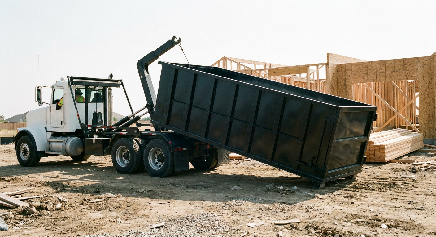 Matte-black roll-off dumpster being delivered onto a clean residential concrete driveway in Pittsburgh by an unmarked white hooklift hauler truck, bright morning daylight, documentary 35mm perspective.